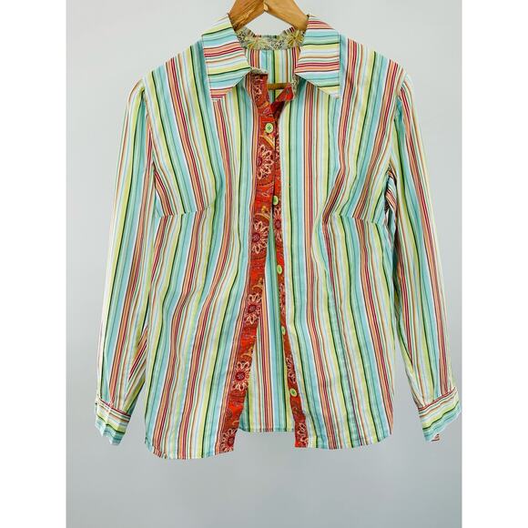 Women's Striped Button-Down Shirt - Medium long sleeve BoHo 70’s Style - Picture 1 of 8